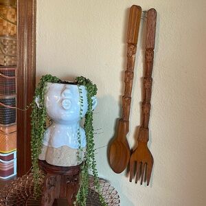 Vintage Carved Elephant Wooden Tiki Spoon & Fork Wall Decor